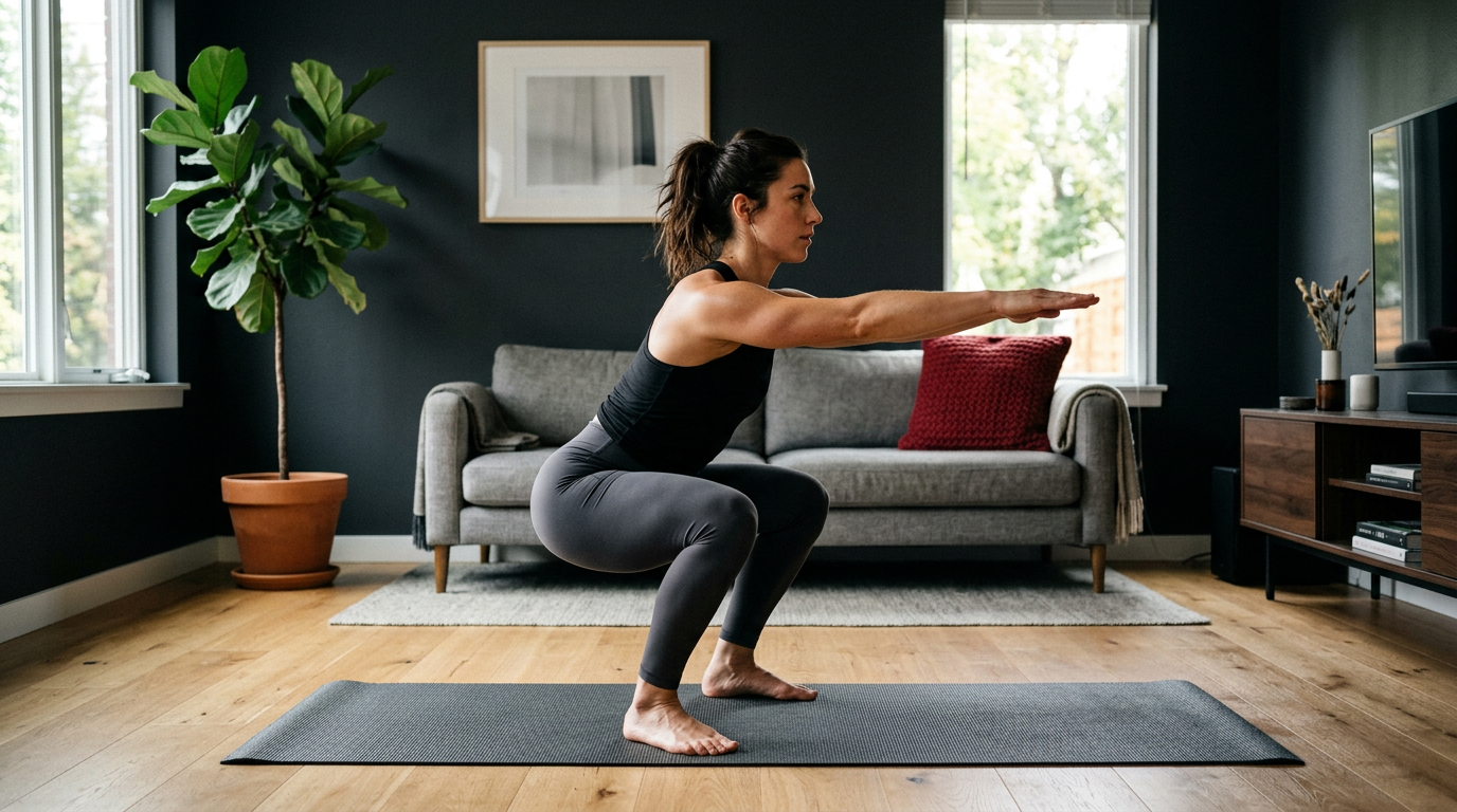 Person training with controlled squat form in a home space