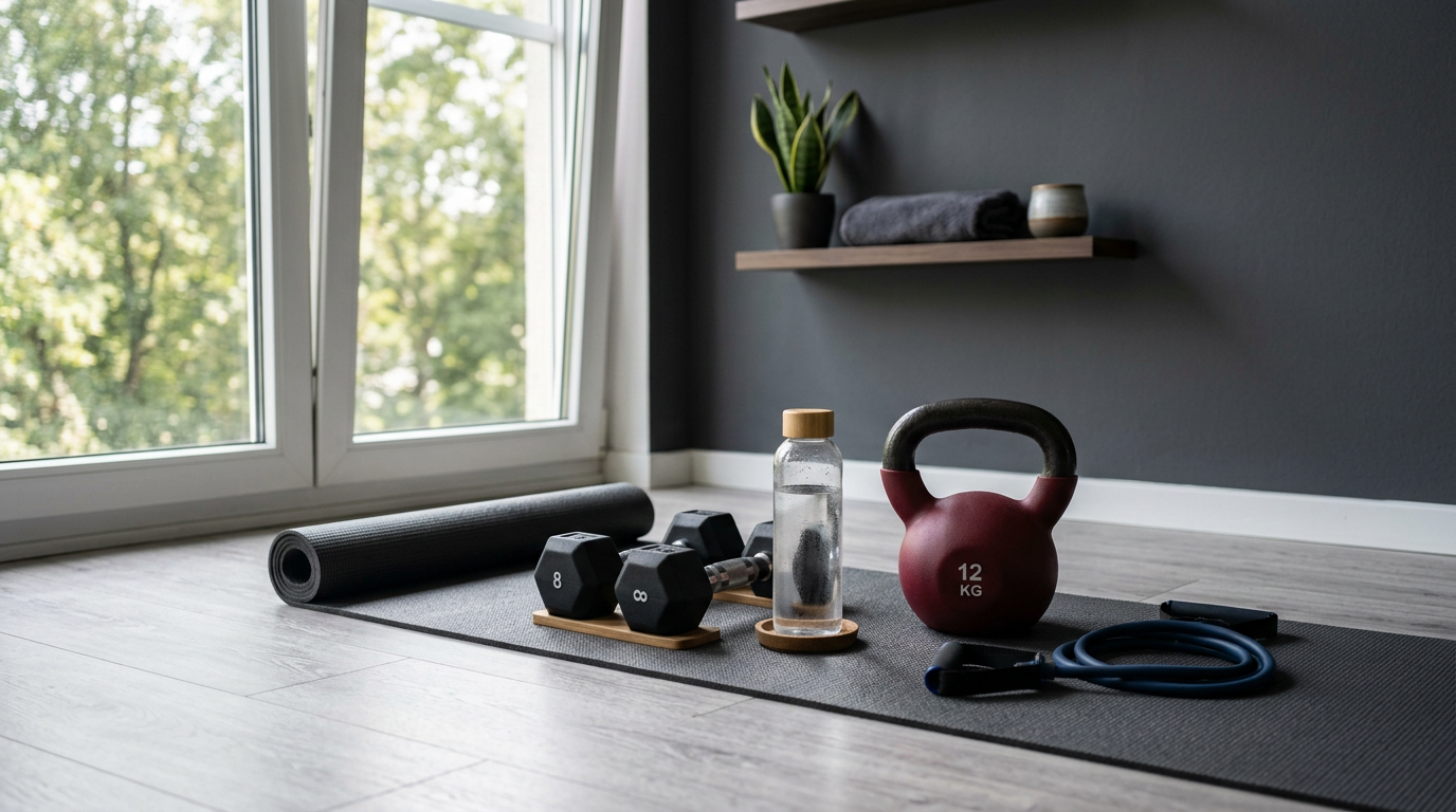 Home training corner with mat and simple equipment