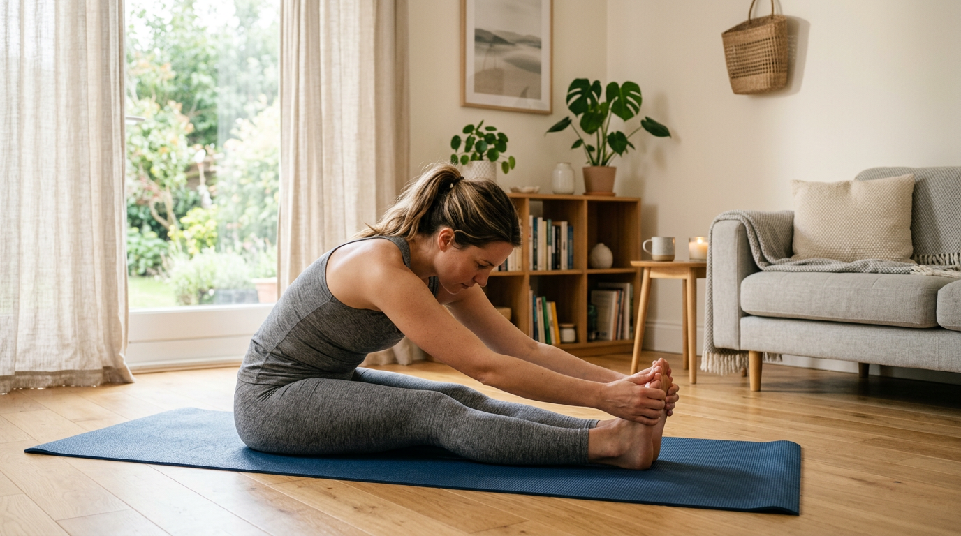 Stretching and mobility work on a mat indoors